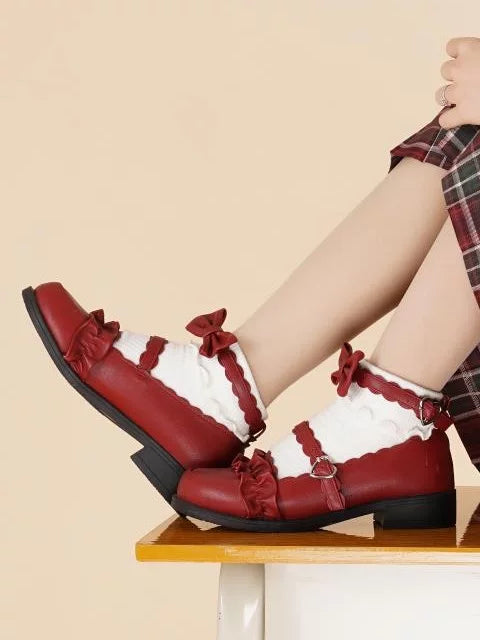 Sheep Puff Melulu Rare Color Lolita Shoes featuring pastel pink and white puff design with bow accents and textured sole.