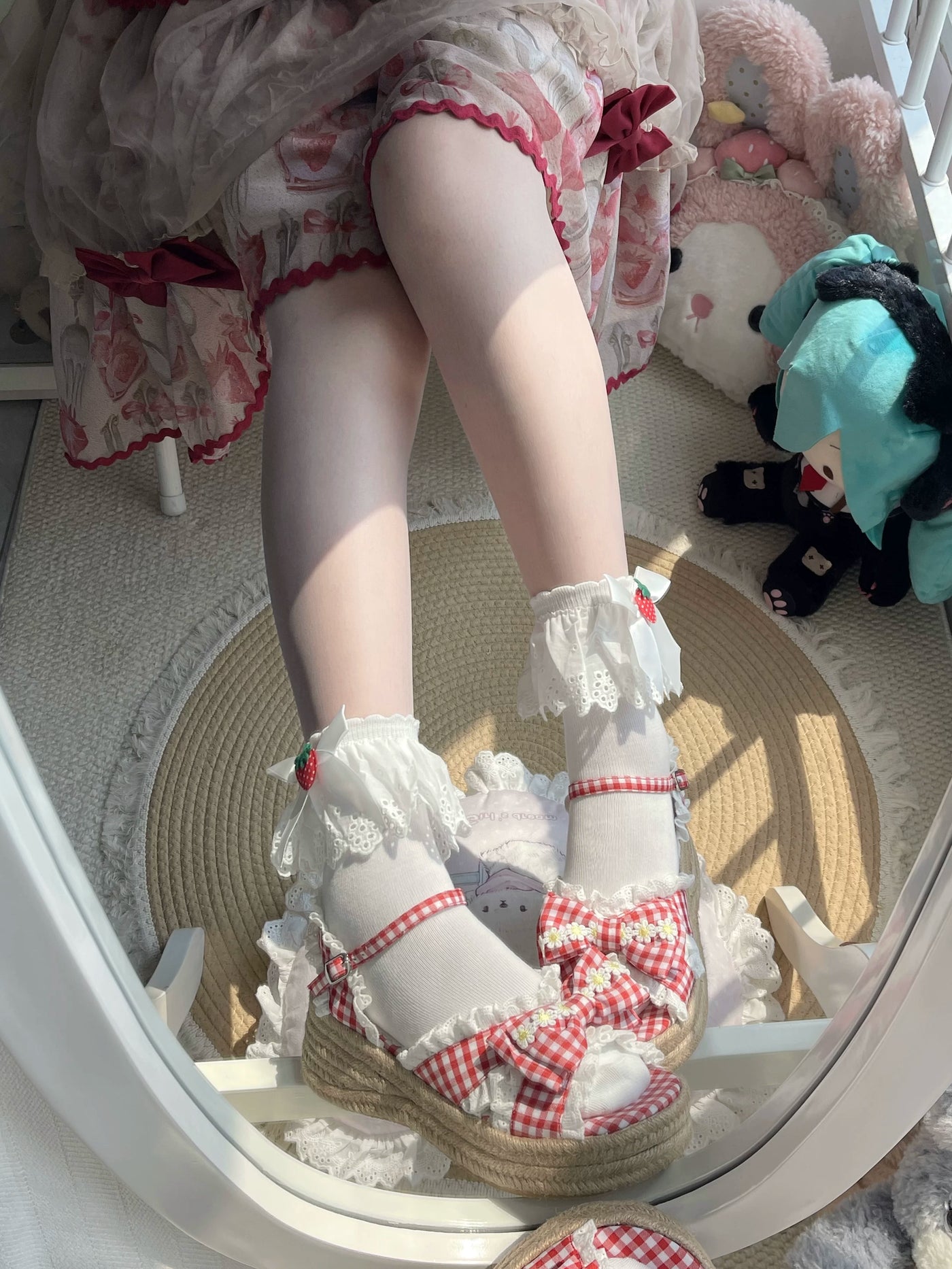 Fantasy Doll - Strawberry Bow - Mid-Calf Socks with Lace Trim and Strawberry Accents