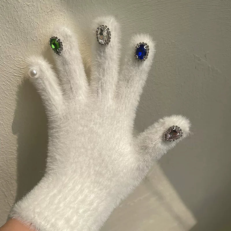 Sock Noble - Pearl & Rhinestone - Fuzzy Five-Finger Gloves with Novelty Detail Options