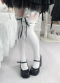 White socks with black ribbon, over-the-knee, sock clips not included / Upgraded anti-pilling combed cotton