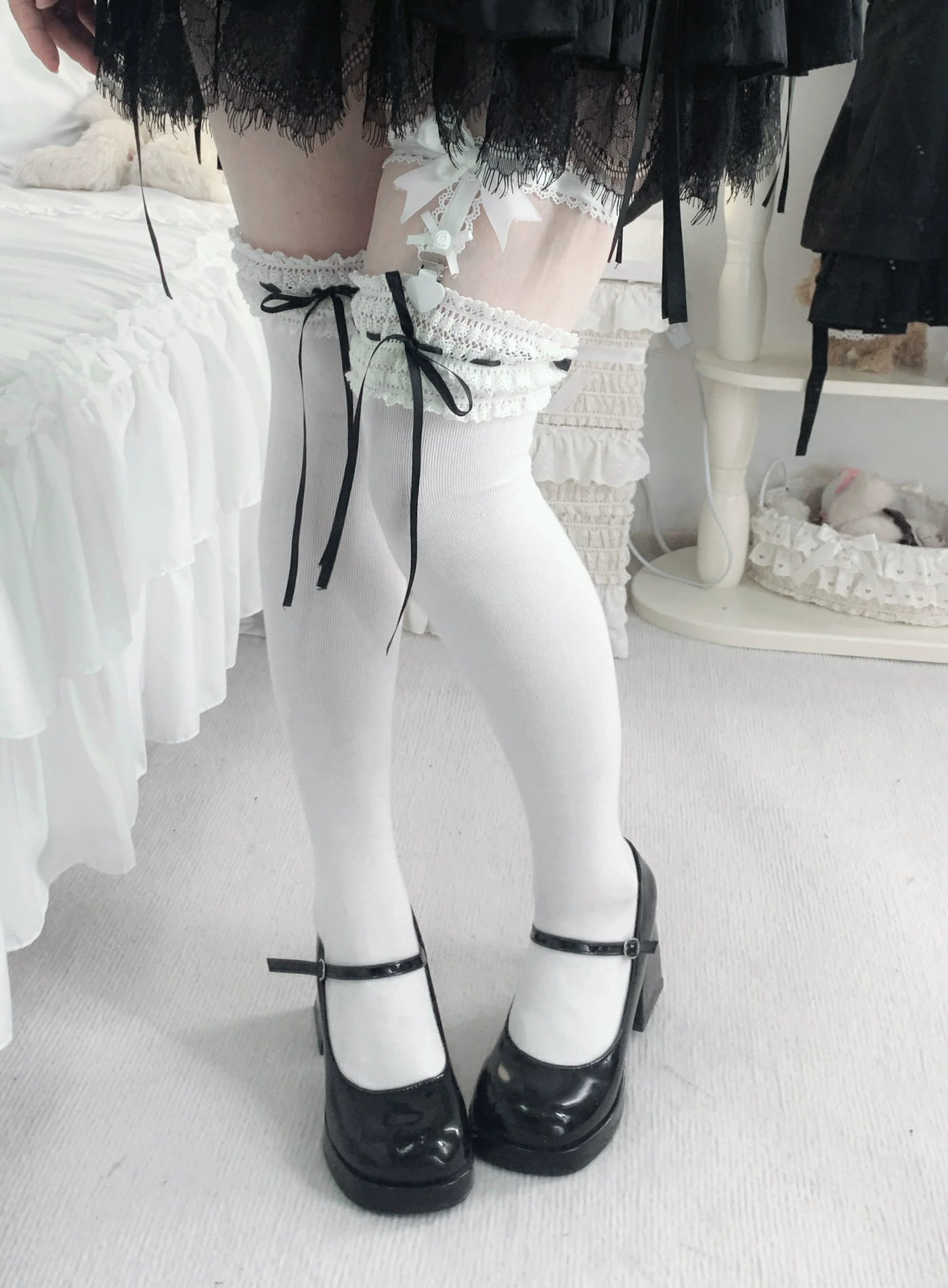 Gentle Town - Sweet Lolita Cotton Calf Socks, Ankle Socks White thigh-high socks with black ribbon (no sock clips included) One Size