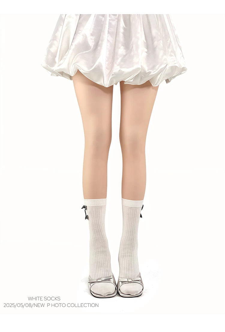 White Socks - Bow Rib - Mid-Calf Socks with Checked Bows