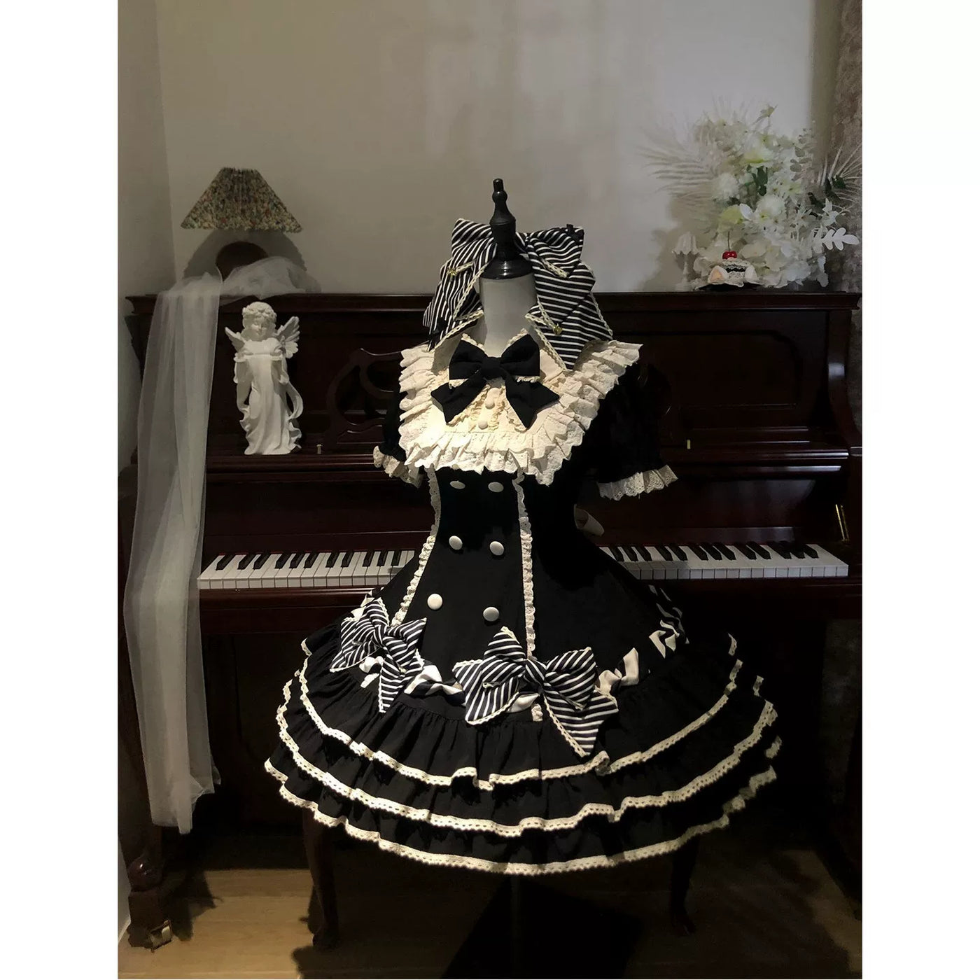 Creamy - Black Stripe - Tiered Lolita Dress with Striped Bows