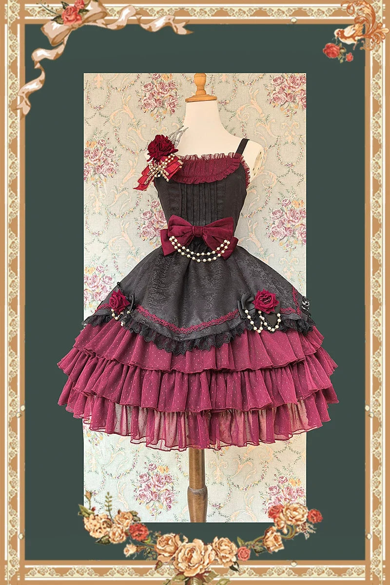Pearl Box - Classic Lolita JSK, Bustle Back Hem Black and Red JSK S