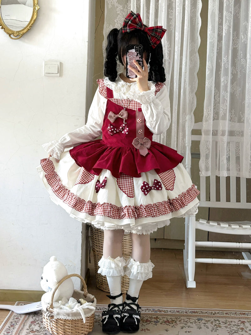 White Tea Story - Sweet Lolita - Tiered gingham check skirt with bow