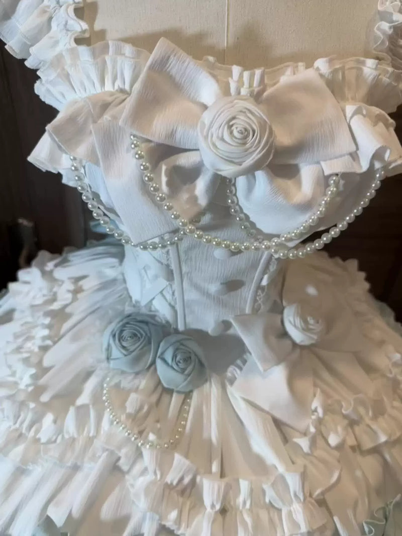 Creamy - Mint Rose Cascade - JSK with layered ruffles and a trailing skirt