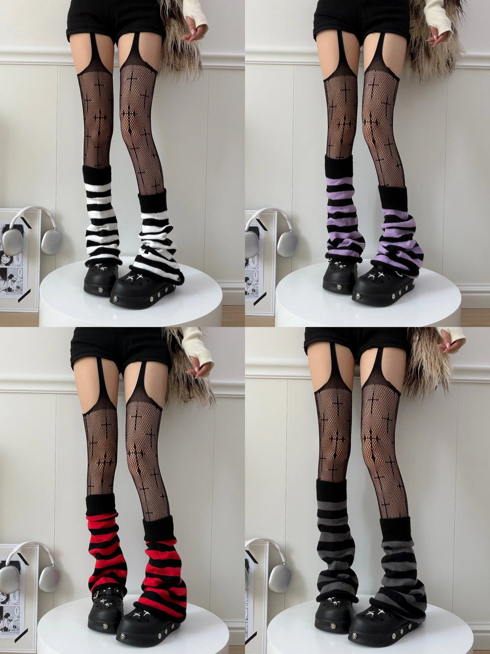 Composite image of black cross garters paired with fishnet, striped and leopard-print leg sleeves.