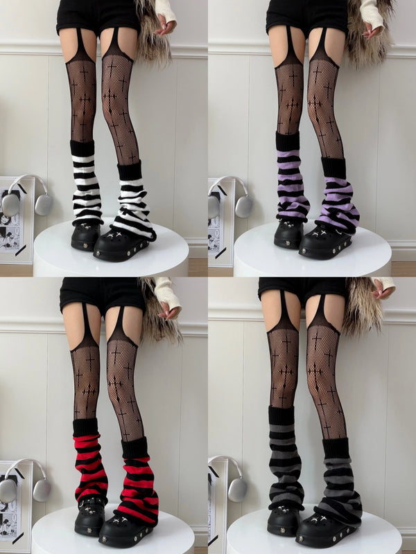 Composite image of black cross garters paired with fishnet, striped and leopard-print leg sleeves.