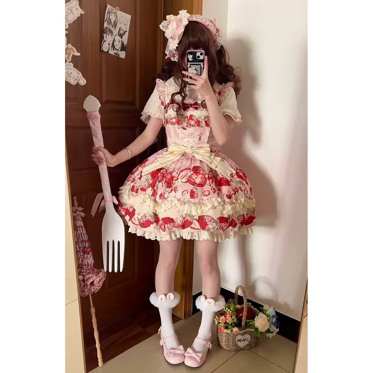Sweetheart Dream Machine - Strawberry Flower Bud - Lolita jumper skirt with a strawberry print and tiered ruffles