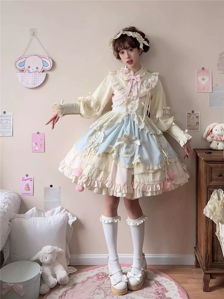 Tianxin Dreamscape - Mianmian Macaron - Solid-Colour OP Dress with Layered Lace Trim