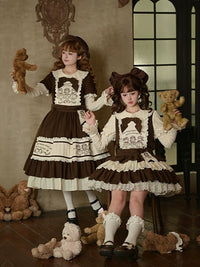With PUJI - Sugar Frost Tale - Kawaii Lolita OP Button Closure Dress, Lamb & Bunny Embroidery - Wishing Star Brown Oversized Bow (one size, order M), in stock / M
