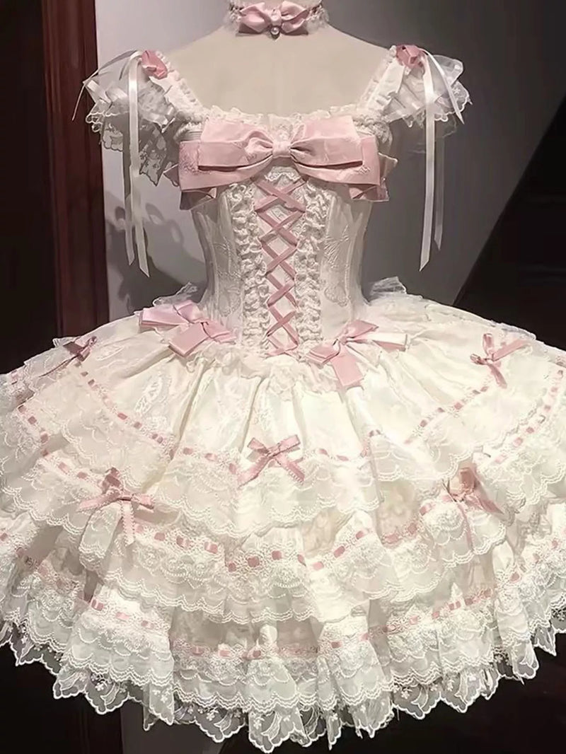 Apricot sweet Lolita dress with off-shoulder sleeves and bow accents displayed on a mannequin