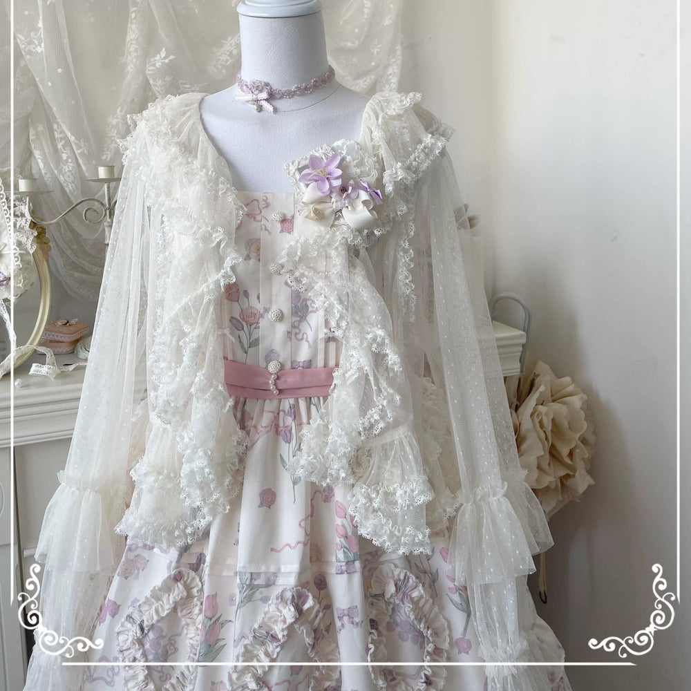 White straight-sleeve cropped Lolita cardigan with 3D floral applique and lace trim