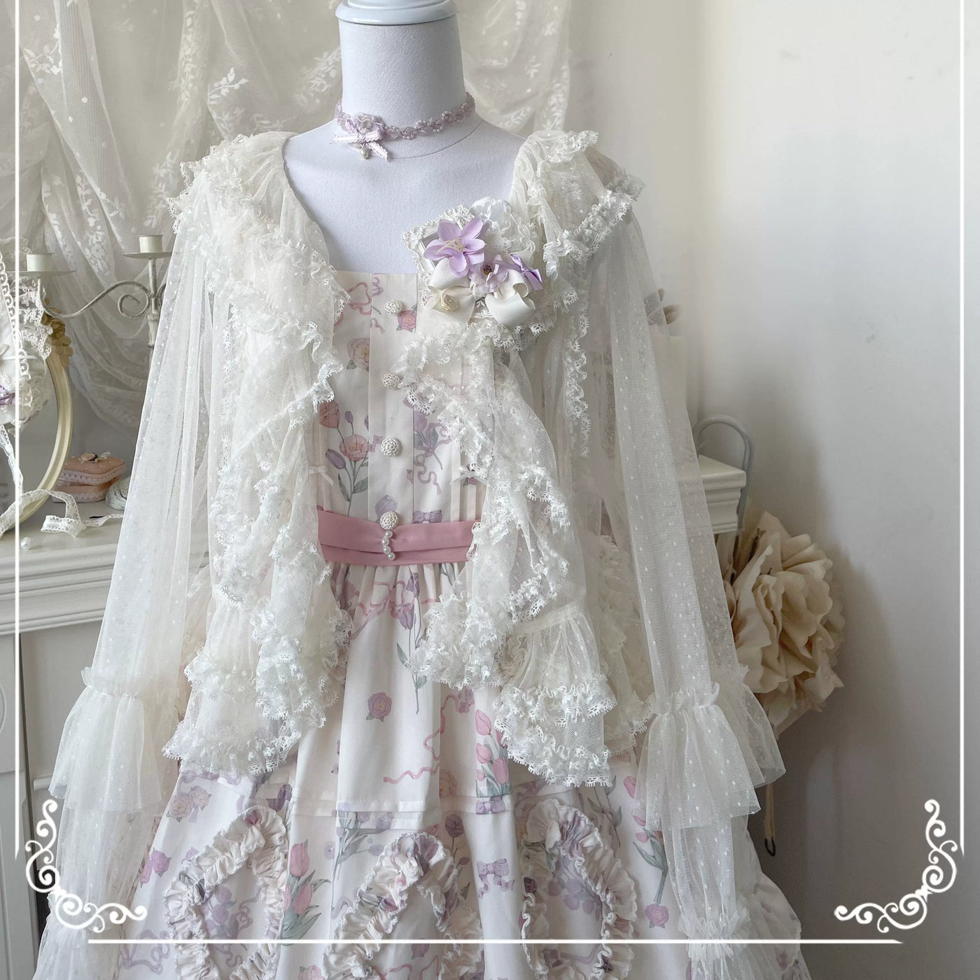 White straight-sleeve cropped Lolita cardigan with 3D floral applique and lace trim