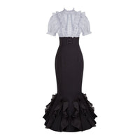 With PUJI - Miss Laura: Short-sleeve Mermaid - Lolita OP Dress, Boned Bodice Detail - Black-gray short sleeve dress, in stock / S