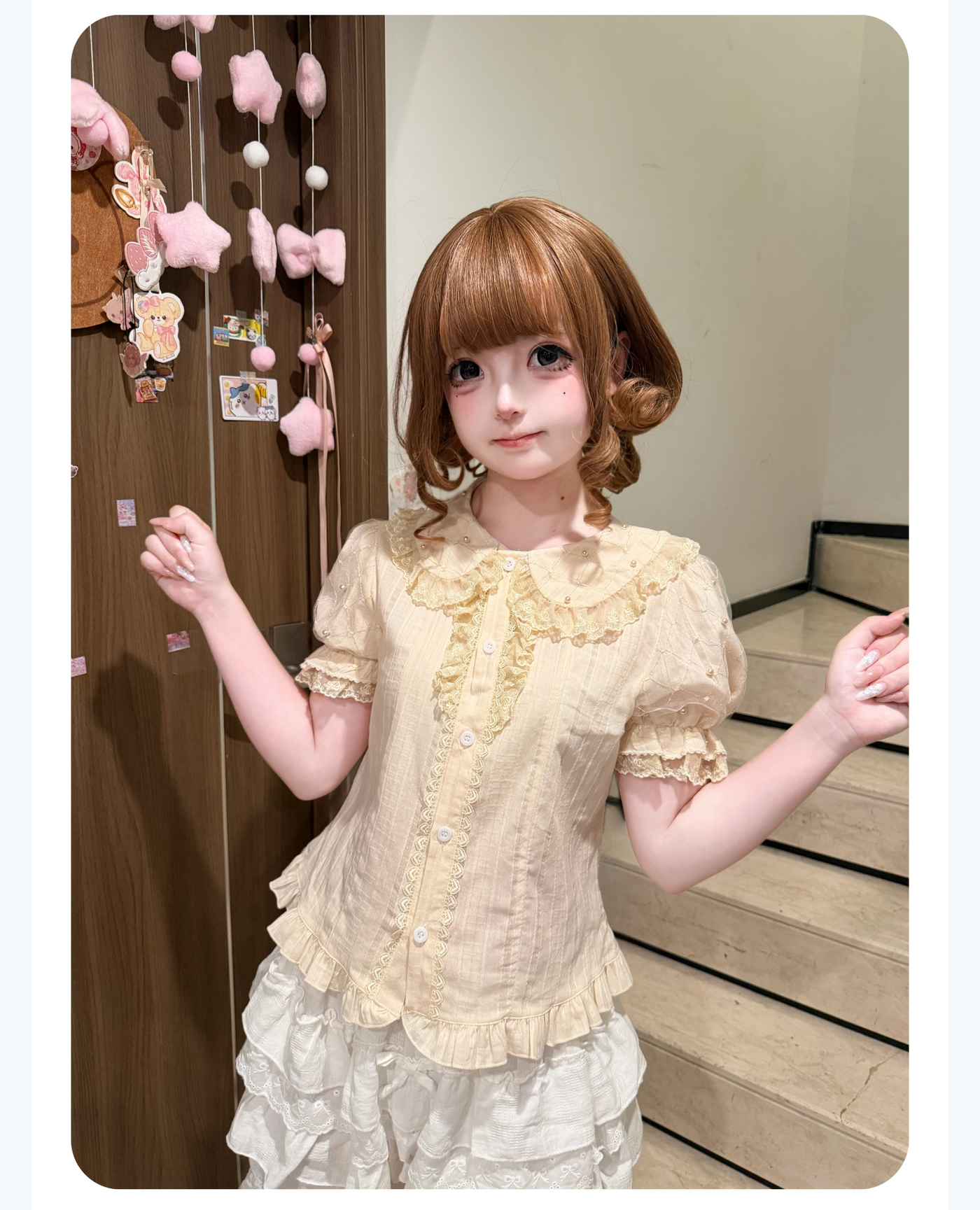 Jelly Girl - Spring Dessert - Pure Cotton Short-Sleeve Inner Blouse with Ruffle Trim