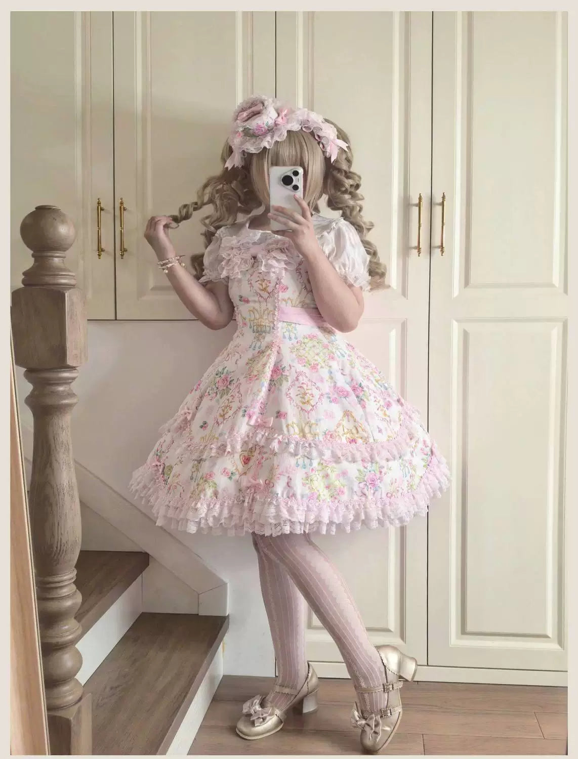 Sweetheart Dream Machine - Vintage Floral Wall - Ruffle-Trimmed Blouse with Doll Collar