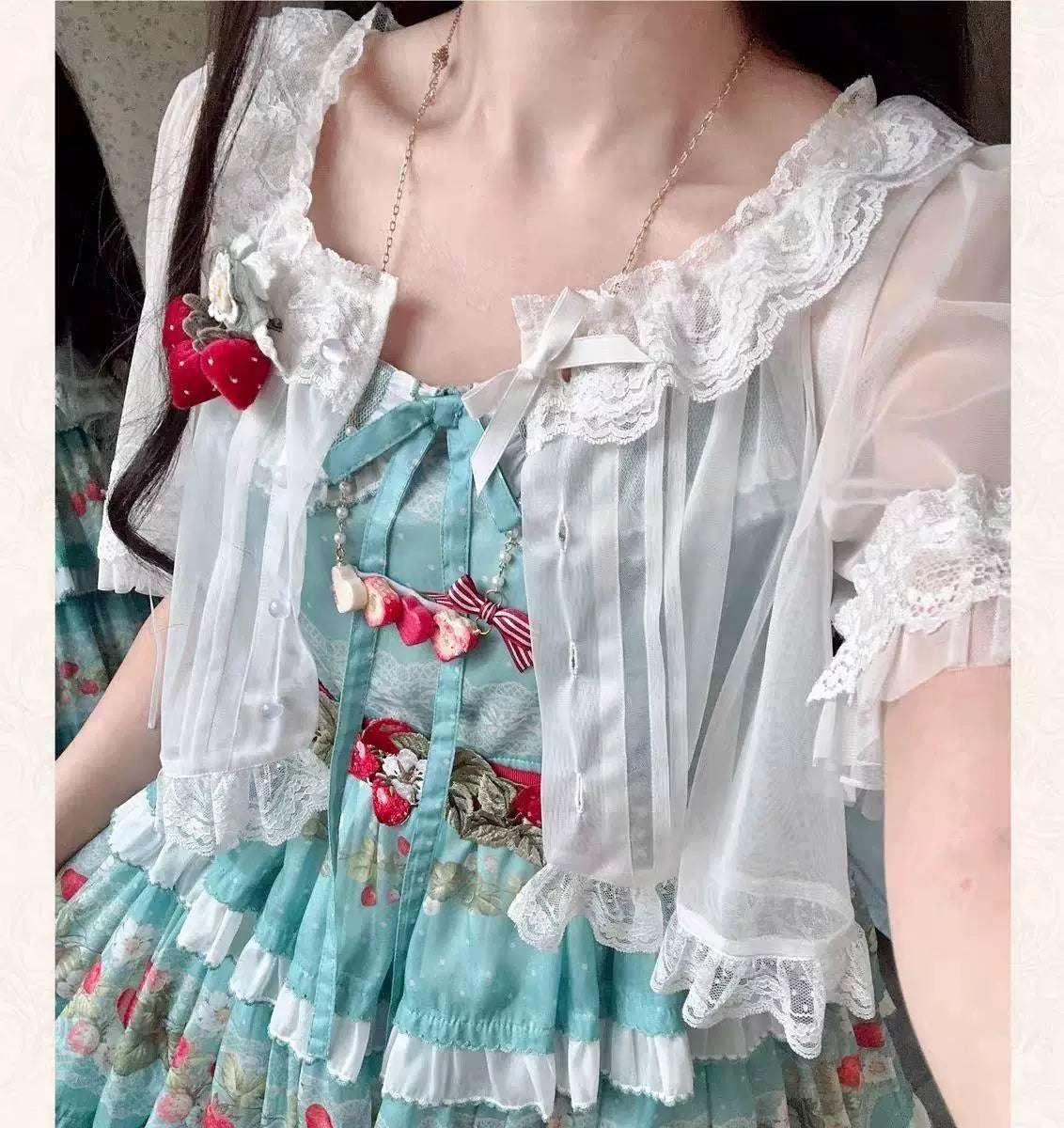 Sweetheart Dream Machine - Two-Way Chiffon - Short Lace Chiffon Cardigan with Mesh Sleeves