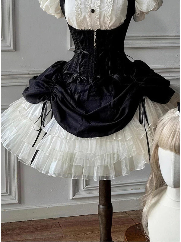 Creamy - Black Rabbit - JSK Set with Lace-Trimmed White Inner Top, Bow Tie and Hat