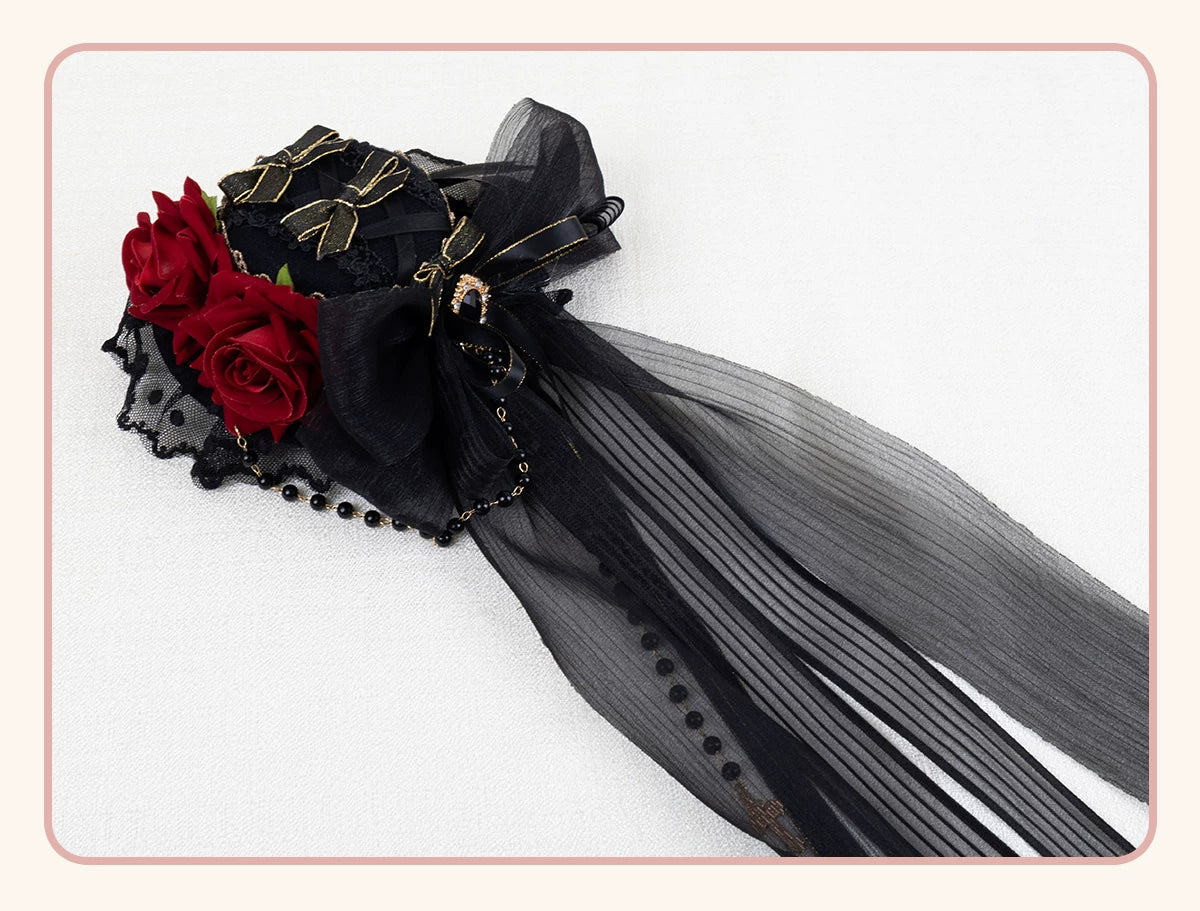 Stardust Rose - Dark Gothic - Black-and-Gold Mini Hat Hair Accessory with Layered Bows