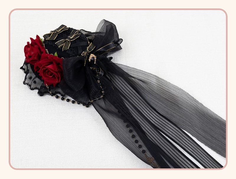 Stardust Rose - Dark Gothic - Black-and-Gold Mini Hat Hair Accessory with Layered Bows