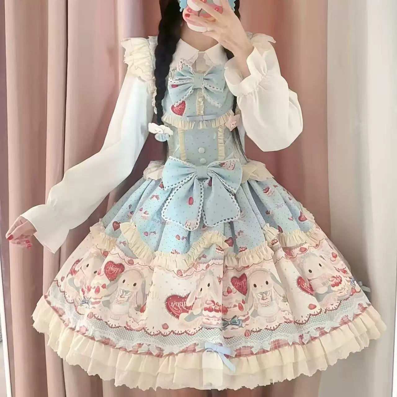 Sweetheart Dream Machine - Cute Rabbit Party - Rabbit-and-Cake Print JSK Dress with Cream Ruffles