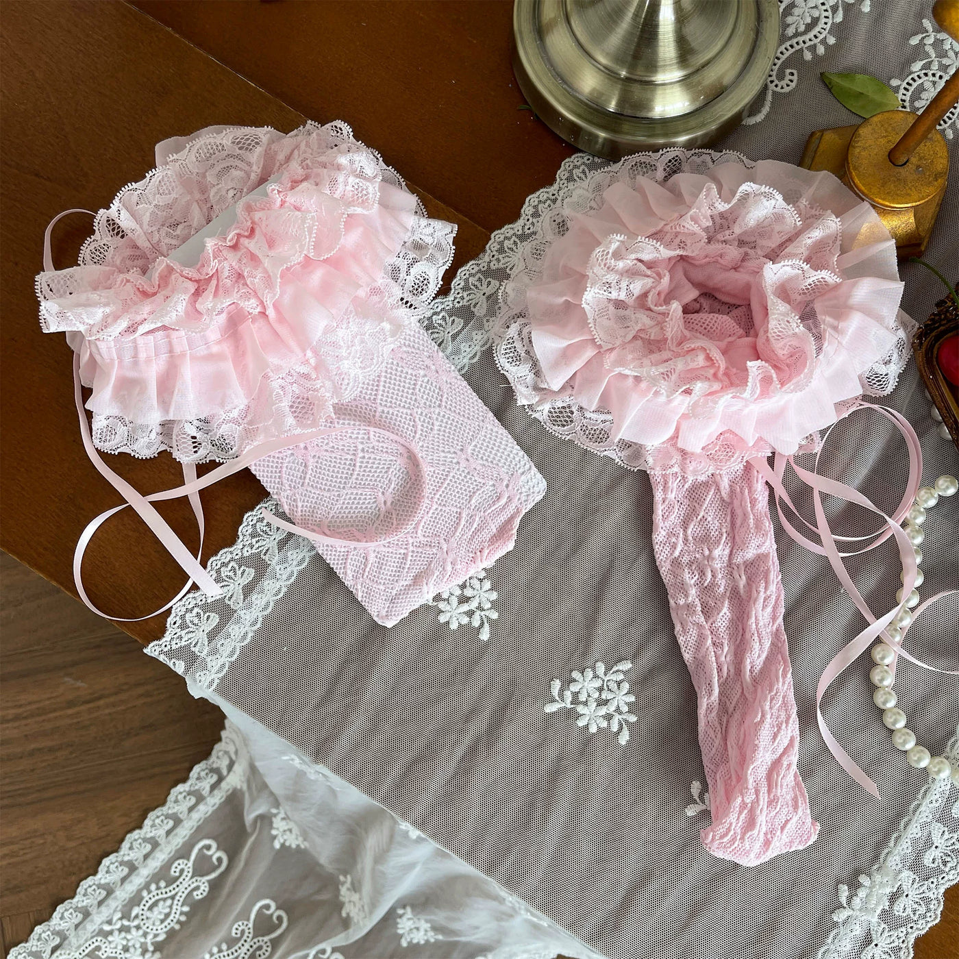 Sock Noble - Pink Lace Layering - Over-the-knee socks with layered lace trims and ribbon ties