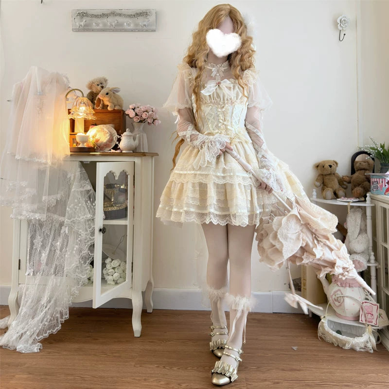 Lady Han Maiden's Heart Ballet Bridal JSK dress by Lolita Fetch, featuring intricate lace, floral details, and elegant satin fabric.