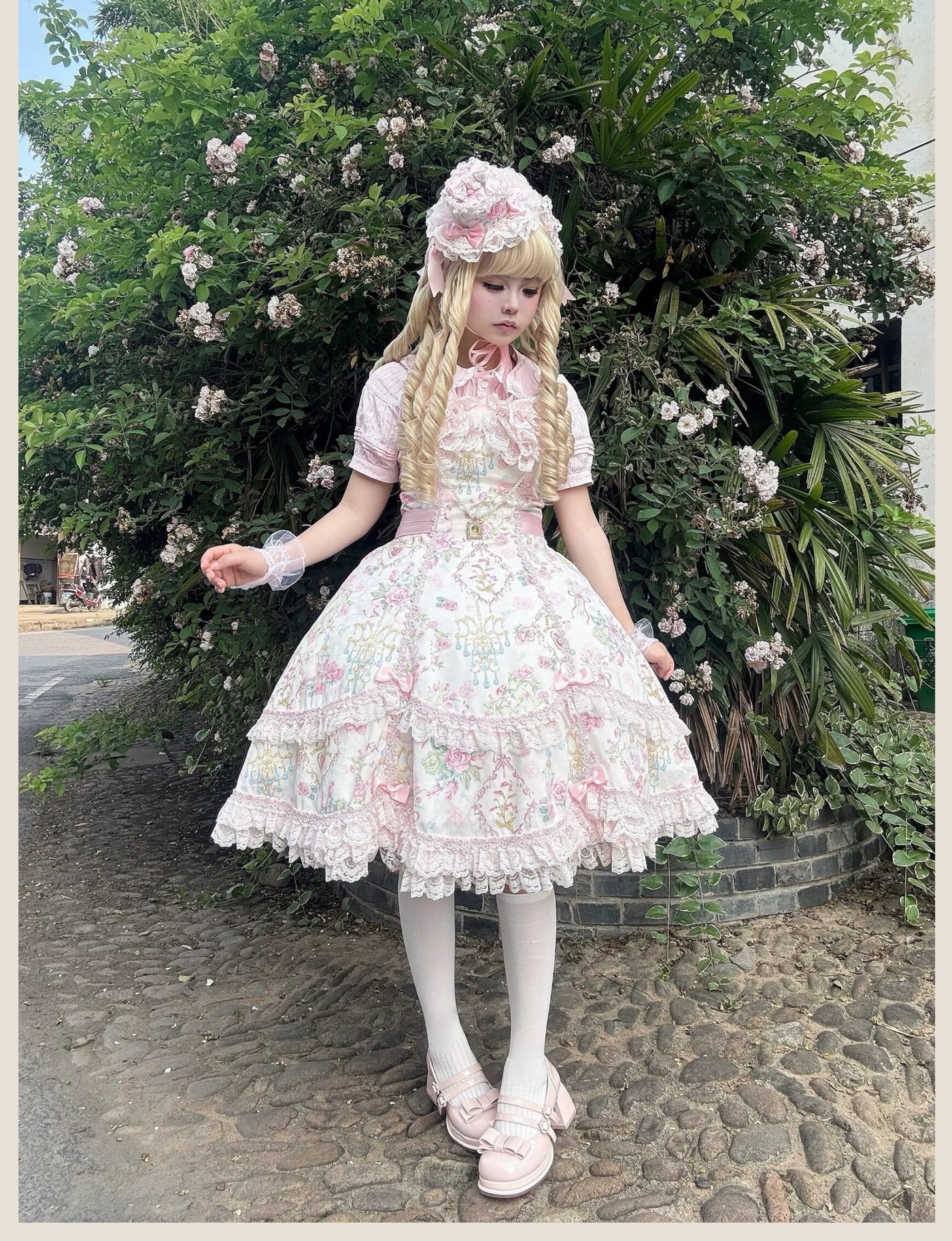Tata Long Ear - Spring 2025 Floral Wall - Floral Print JSK Dress with Layered Lace Ruffles