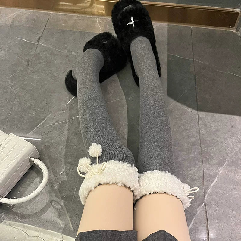 Floral Milk Cat - Winter Pom-Pom - Plush-Trim Thigh-High Socks with Pom-Pom Details
