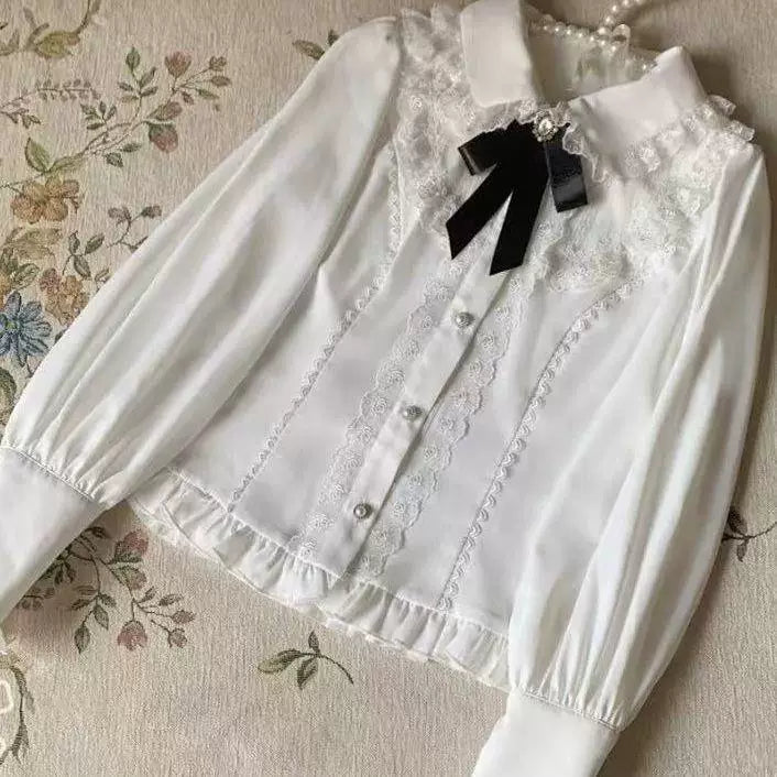 Sweetheart Dream Machine - Lace Ruffle Inner - Long-Sleeve Blouse with a Lace-Trimmed Collar