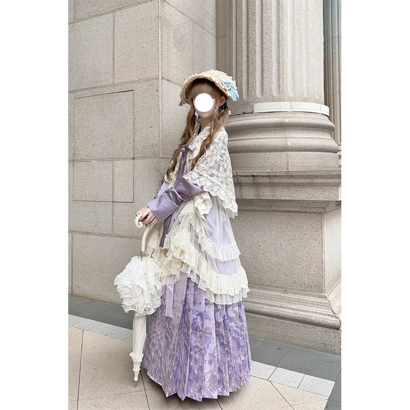 Creamy - Purple Cross-Collar - Hanfu-Inspired Lolita Set with Mamian Skirt and Beige Layers