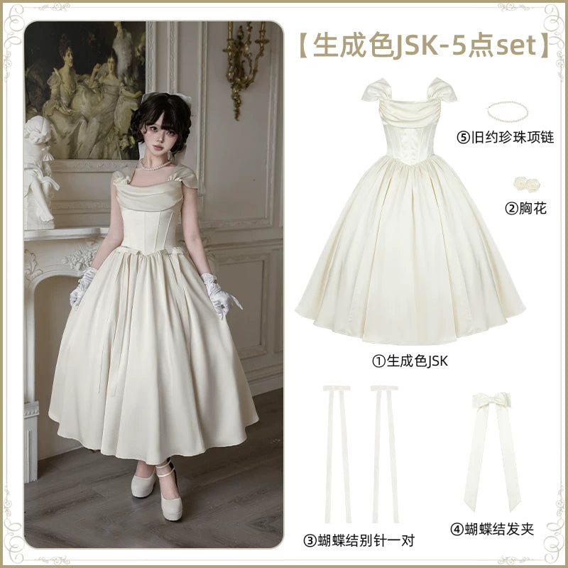 With PUJI - For Beloved - Classic Lolita Satin JSK Dress Set, Fishbone Waist detail view 8