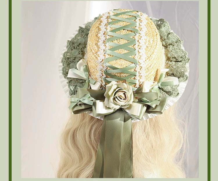 Her Vintage Society - Young Grass Series - Bear Bag, Headband, Hair Clip and Straw Hat Options with Rose Details