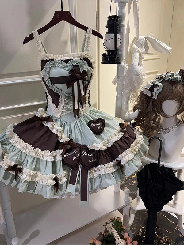 Creamy - Mint Chocolate Hime - JSK Dress and Hime-Sleeve Vest Set with Tiered Ruffles