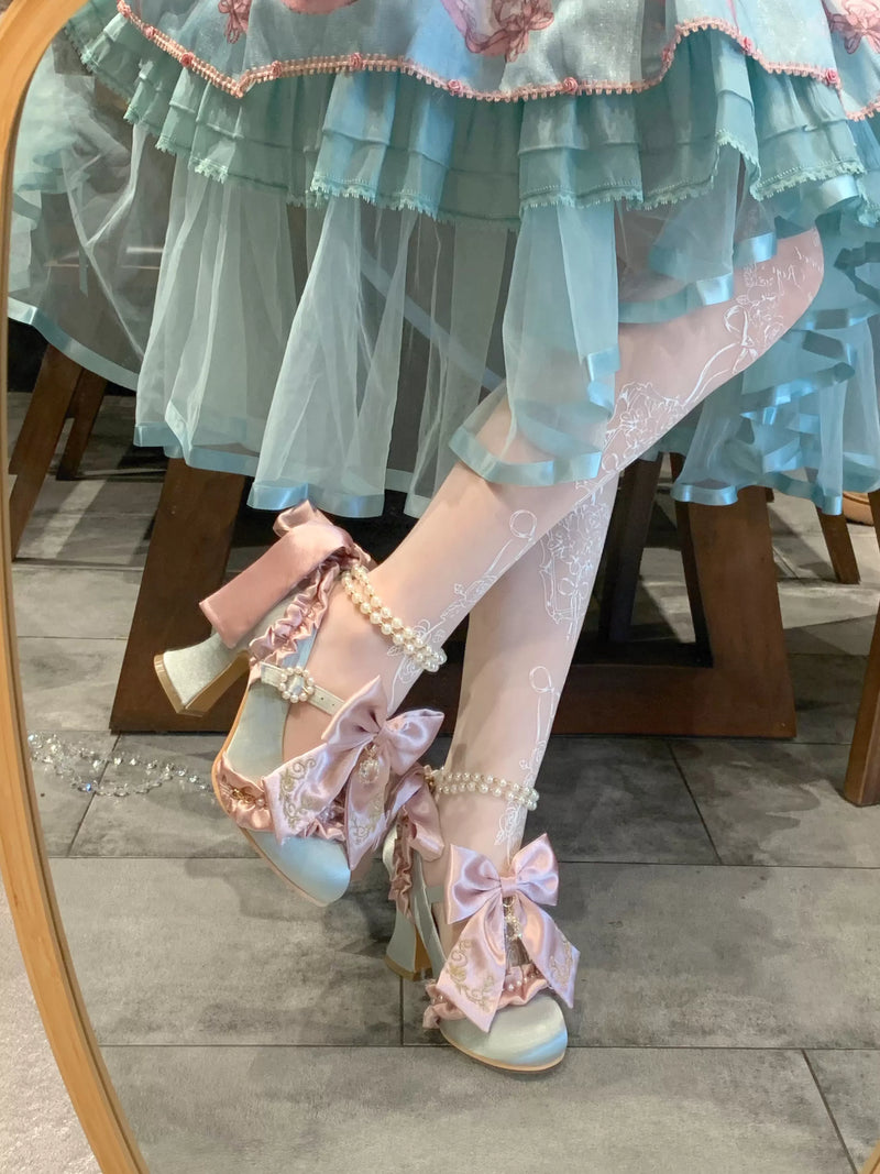 Aimee Ribbon Hymn Lolita shoes — pastel heels worn with a green dress
