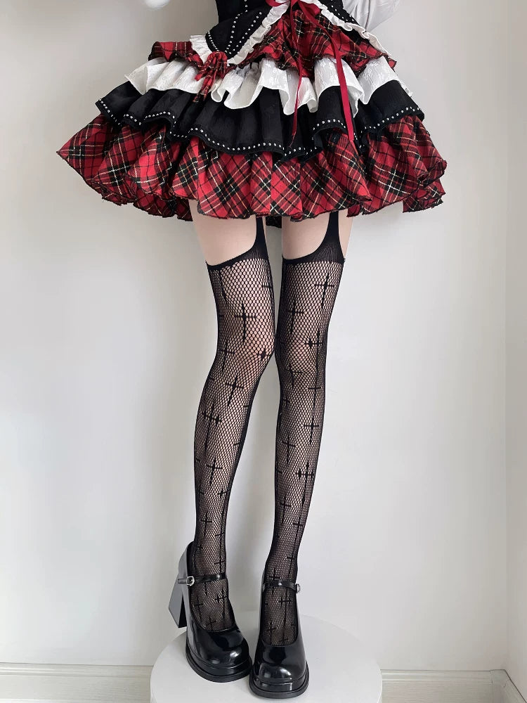 Fantasy Doll - Cross Web - Fishnet Garter Stockings with Cross Motifs