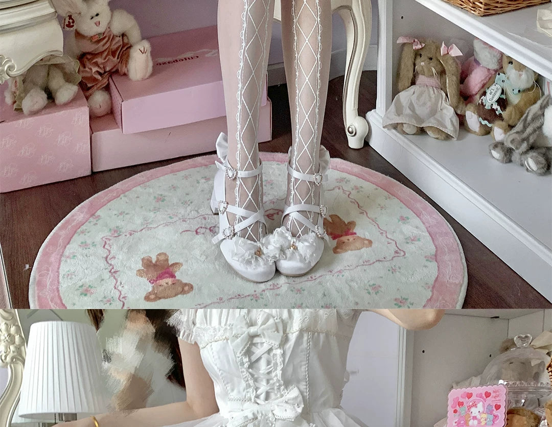 roji roji - Interwoven Curtain - White Tights with Crisscross Lace Panels