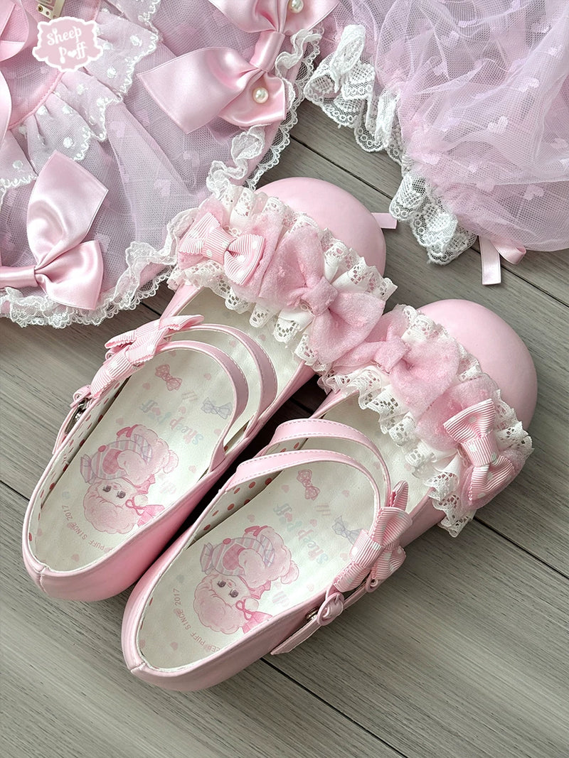 Sheep Puff Showa Candy Low Heel Lolita Shoes with sheep puff design and pastel-colored accents, stylish and cute footwear.