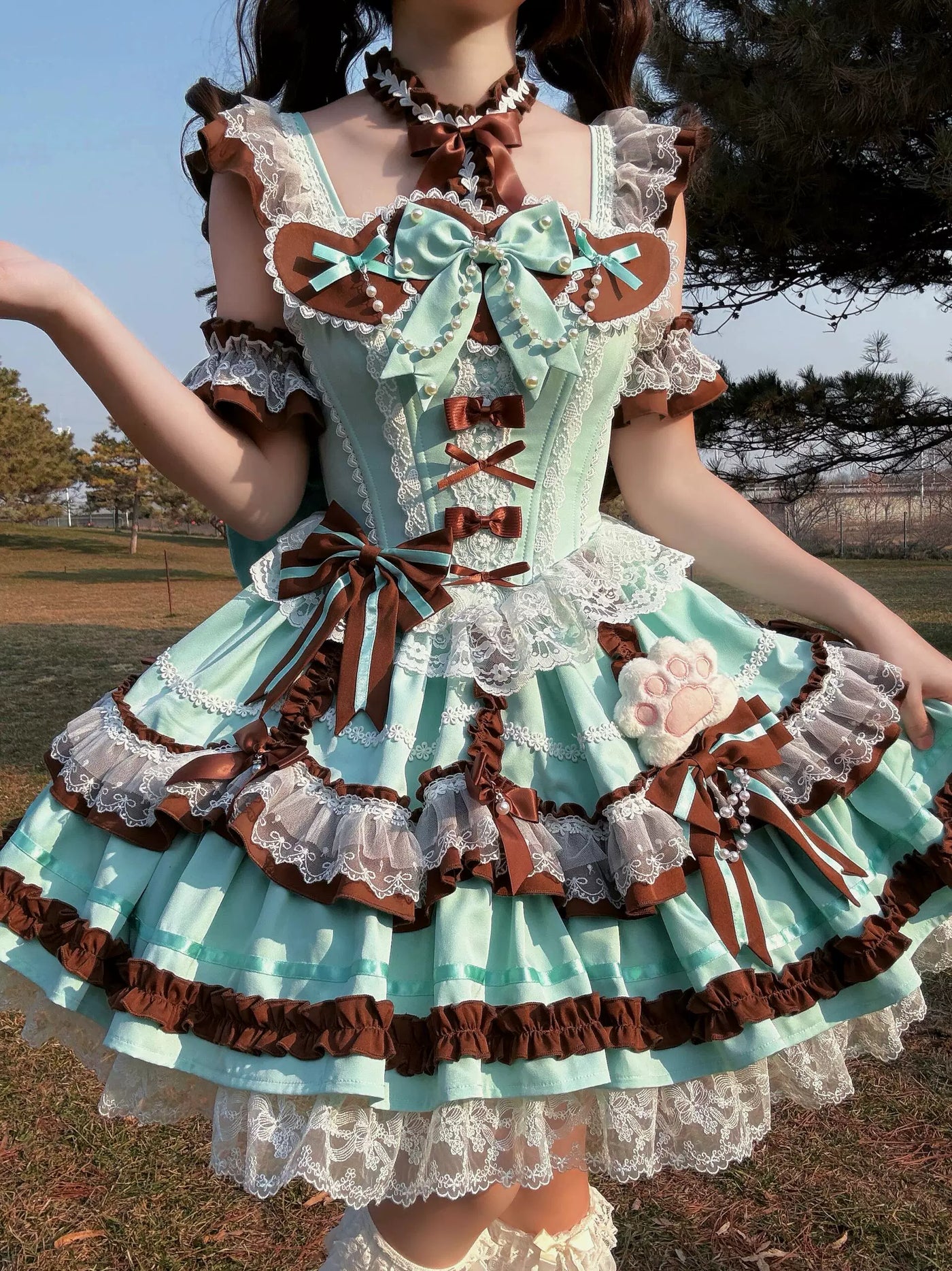 Creamy - Mint Chocolate - Mint JSK Set with Brown Bows and Lace Trim