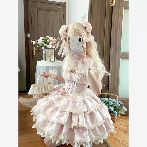 Pale pink sweet lolita JSK with lace-trimmed sweetheart neckline and tiered ruffled skirt