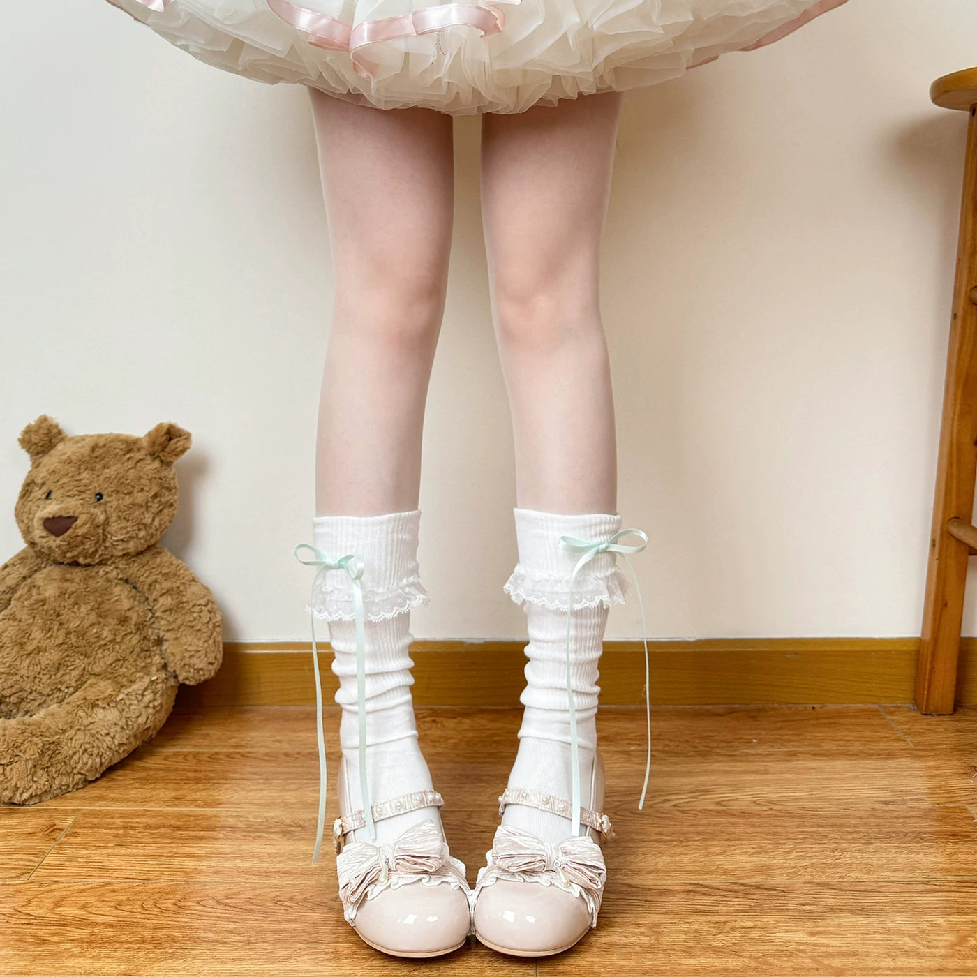 Chubby Bear Tales - Cream Ballet - Thin Scrunch Socks with Ribbon Bows