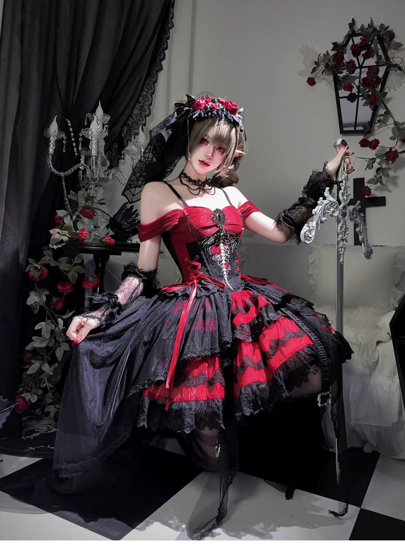 Letters from Unknown Star - Eternal Thorn of the Dragonbone - Embroidered Gothic Lolita JSK Dress, Off-Shoulder