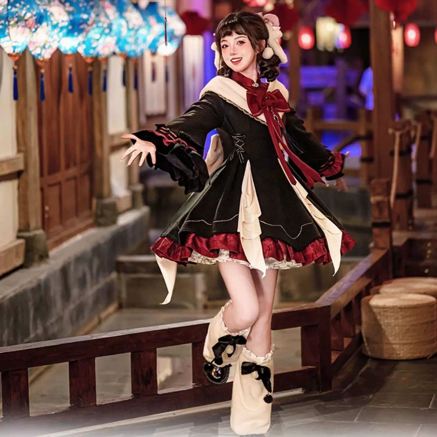 Sweetheart Dream Machine - Maohua - Black-Red Chinese-Style OP Dress with Ruffled Bib