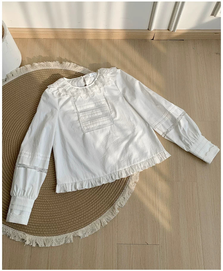 With PUJI - Jennie - Sweet Lolita Cotton Shirt, Ruffled Round Collar