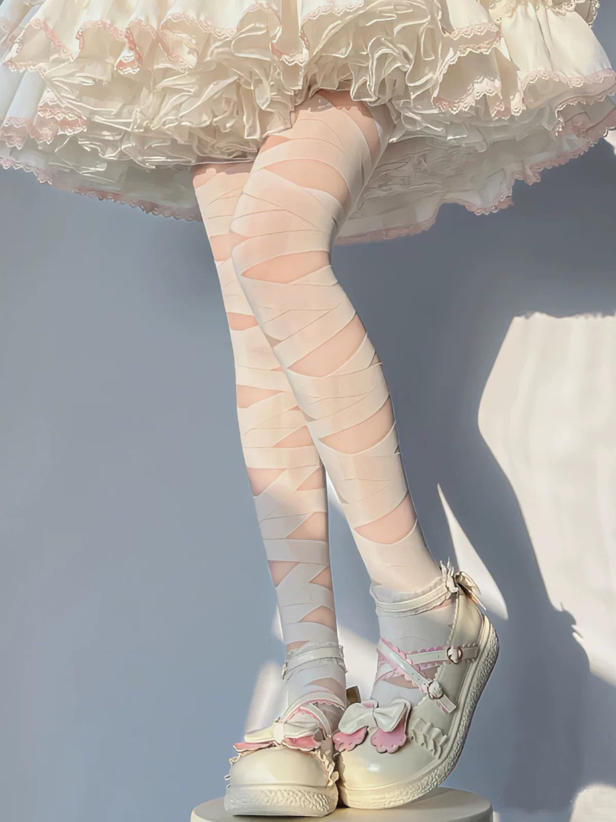 Fantasy Doll - Bandage Stripe - Thigh-high stockings with crisscross cutout bands