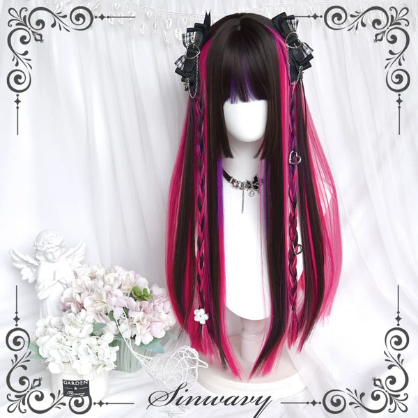 Black-brown hime wig with magenta-purple highlights - view 1