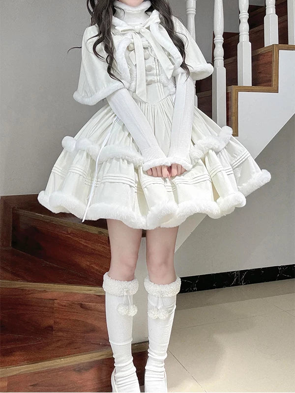 Creamy - Winter Japanese Heiress - Cape, Top & Dress Set with Fluffy Trim