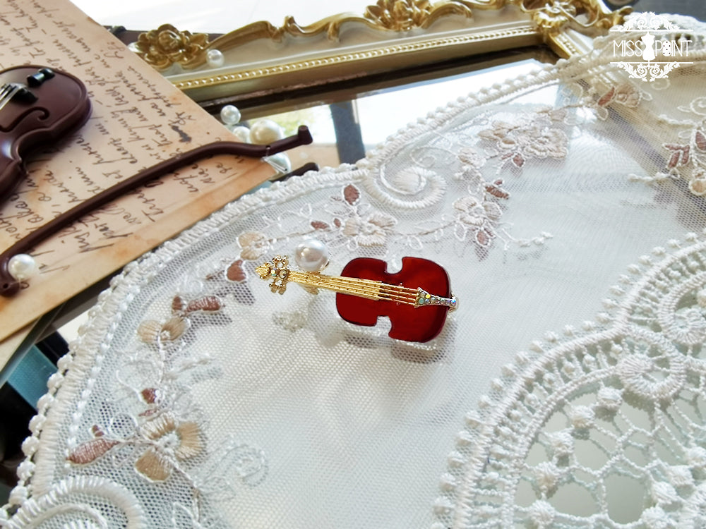 Golden Movement - Lolita Accessory Brooch Bow Tie KC Red Violin Metal Brooch