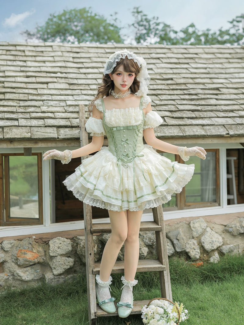 With PUJI - Unfailing - Classic Lolita Bow Jacquard Corset JSK Dress detail view 3